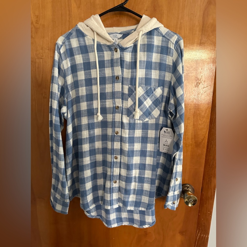 Blue and White Plaid Time and Tru Women's Hooded Flannel Button Down Shirt